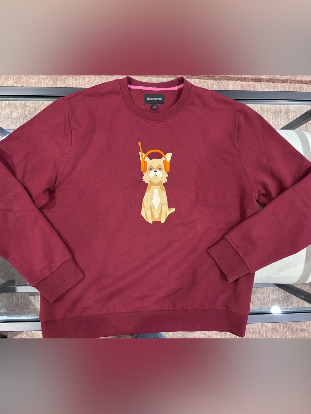 Bonobos Maroon Sweatshirt with Tan Dogand Orange Headphones Graphic